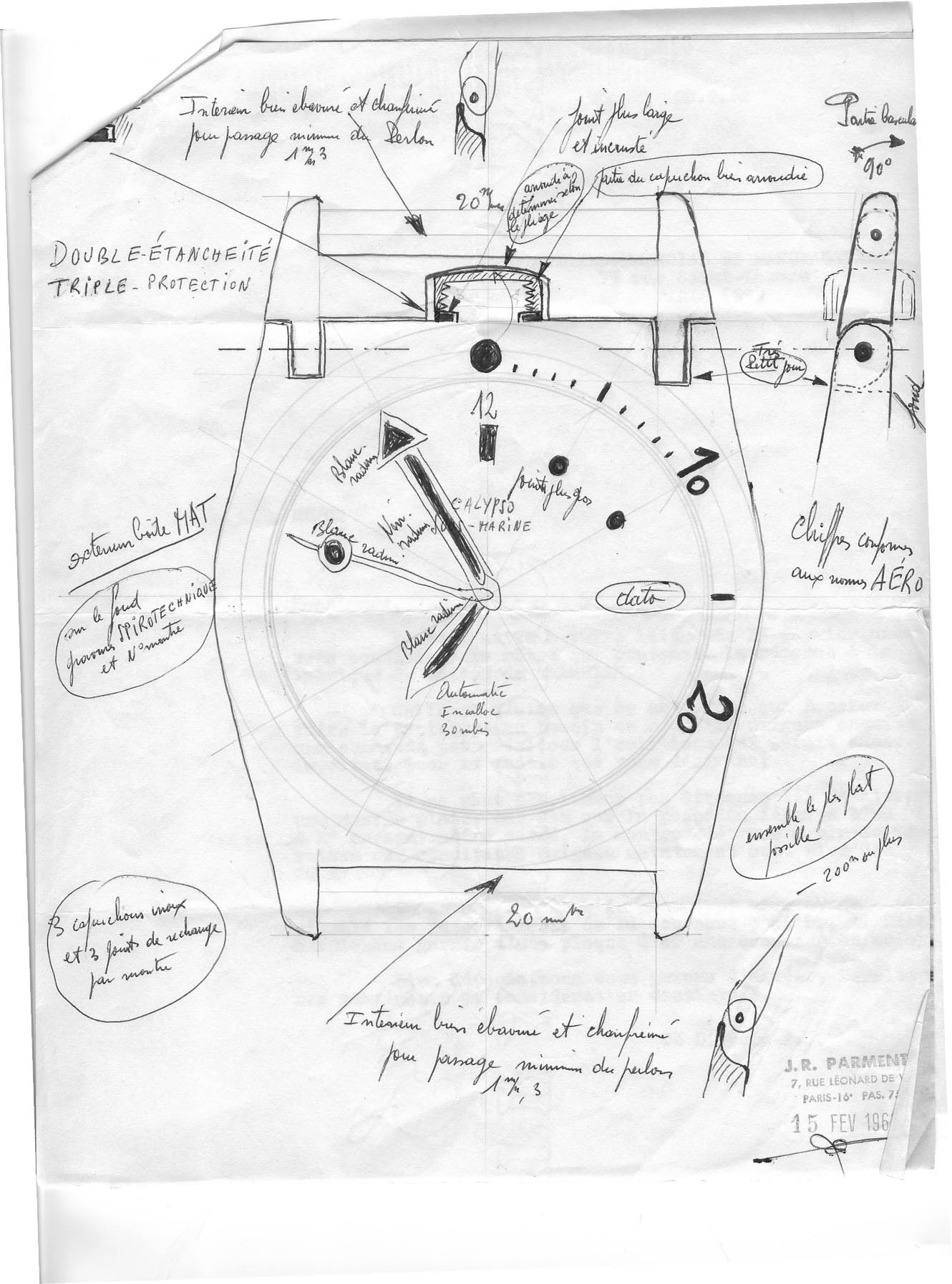 Premiers schéma de la Triton Spirotechnique signé par Jean René Parmentier. Notons qu'au départ cette montre devait s'appeler "Calypso Sous Marine"